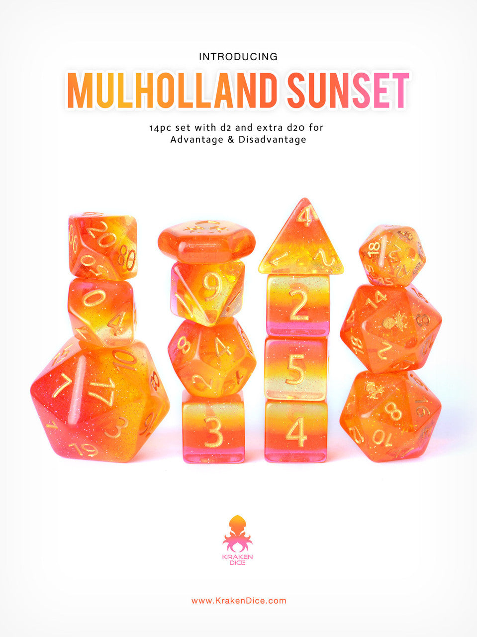 Mulholland Sunset 14pc Dice Set inked in Gold